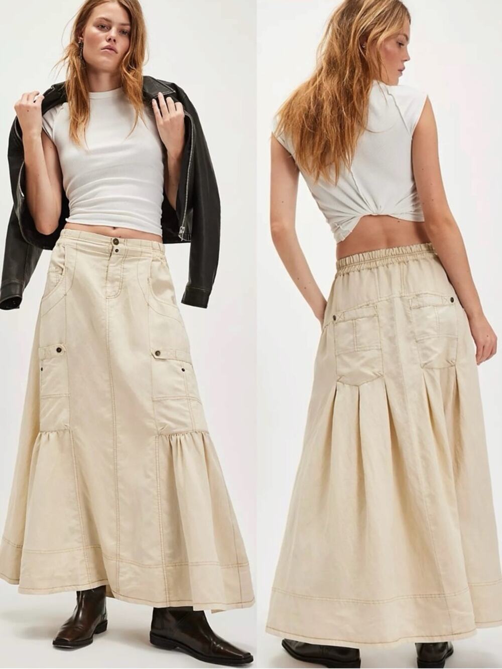 Free People Grunge 90s Cargo Rough Riding Maxi Skirt Birch Neutral Large Bella